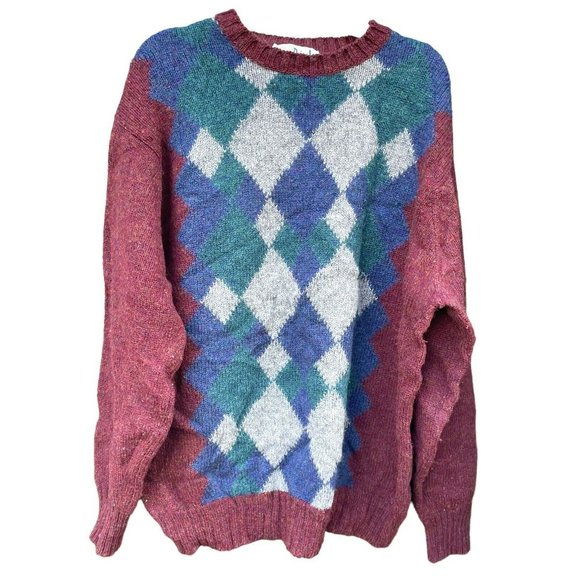 VTG Pringle Shetland Wool Sweater Knit Argyle Scotland Men Size XL Brown Green - Picture 1 of 5